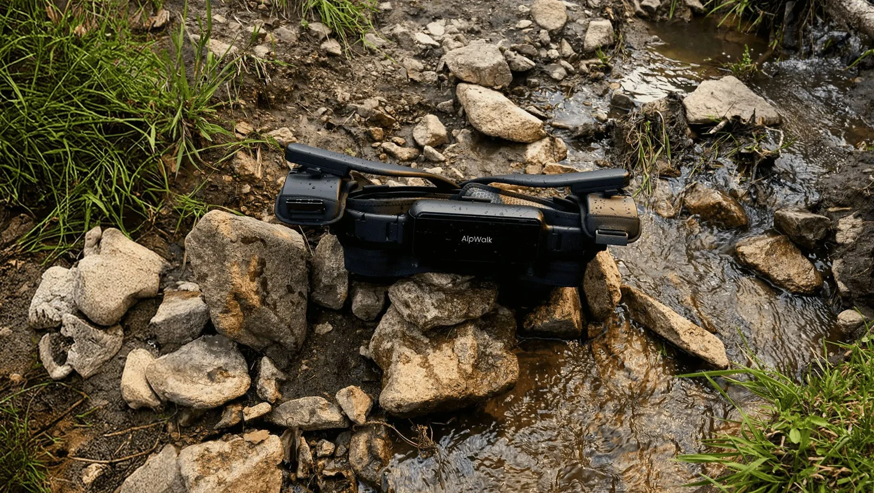 Folded AlpWalk S1 resting on rocks outdoors